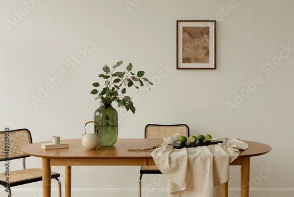 Obraz Bright interior with minimalist setup, a dining table styled with greenery, teapot, and limes on neutral linen. Scandinavian and Japanese design influences.