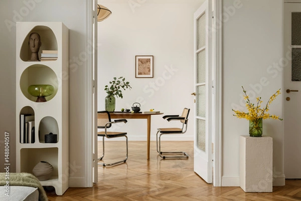 Obraz Minimalist dining room with mid-century modern chairs, wooden table and a green vase with yellow spring flowers. Neutral tones and clean styling emphasize natural textures.