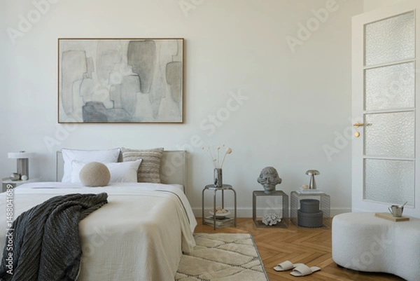 Obraz Interior view of a contemporary bedroom with sculptural accents, soft textiles, and a balanced, muted color palette. Home decor.