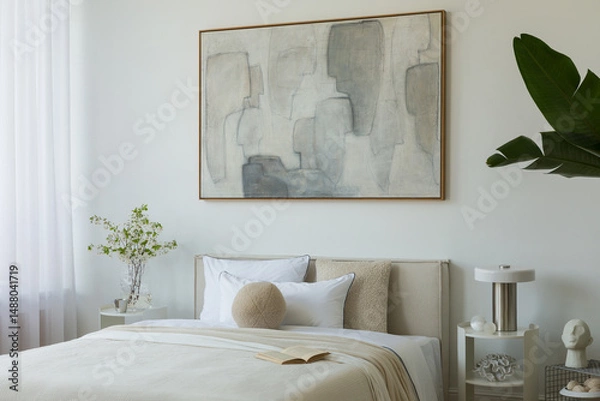 Obraz Bright bedroom interior with white bedding, blooming branches in a glass vase, and a large abstract painting as a focal point.