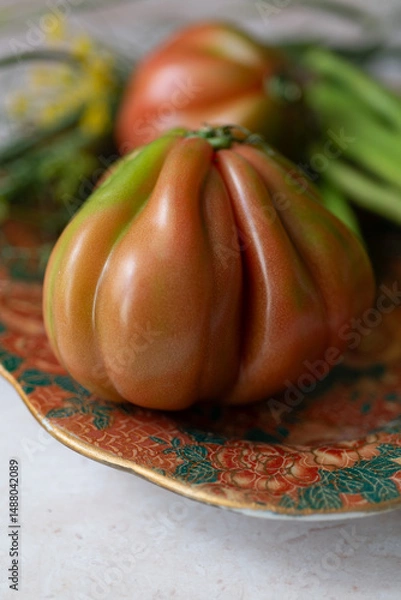 Obraz Colourful heirloom tomato and vegetables on the ornate plate. Can be used in vegetarian menus, food posters, or seasonal promotions.