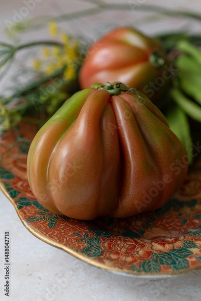 Obraz Heirloom tomato, fresh green carob beans and fennel with soft feathery leaves and stems on a decorative plate. Ideal for recipe blogs, farm-to-table branding, or packaging design.