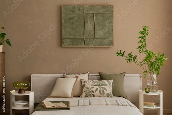 Obraz A serene bedroom with beige walls and a green-toned abstract mock up poster above a neatly made bed with neutral and botanical-themed cushions. Home decor.