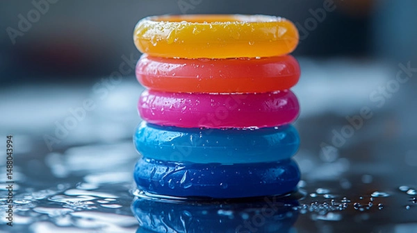 Fototapeta Stacked colorful rings on wet surface with reflections