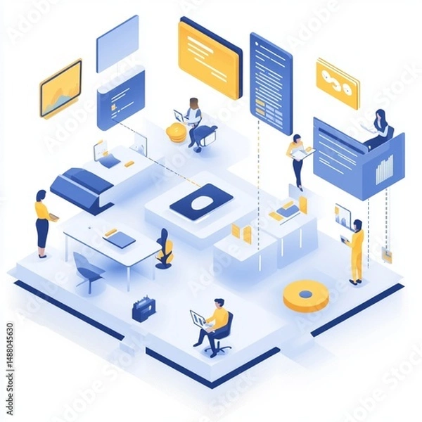 Fototapeta Modern Isometric Team Collaboration Digital Workplace Technology Business data blue flat white style