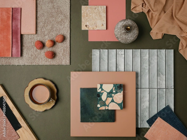 Obraz  A bold and colorful material arrangement featuring green and pink tones, natural stone, and rich fabric textures for a fresh and contemporary design.