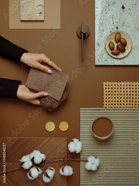 Obraz Warm-toned material mood board with natural textures, cotton branches, and fabric samples for interior design inspiration.