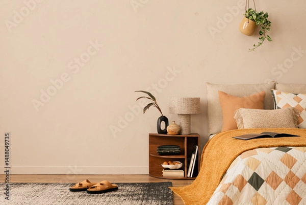 Obraz Minimalist composition of bedroom interior with copy space, bed, orange bedding, wooden bedside table, patterned rug, plants, stylish lamp, slippers and personal accessories. Home decor. Template.
