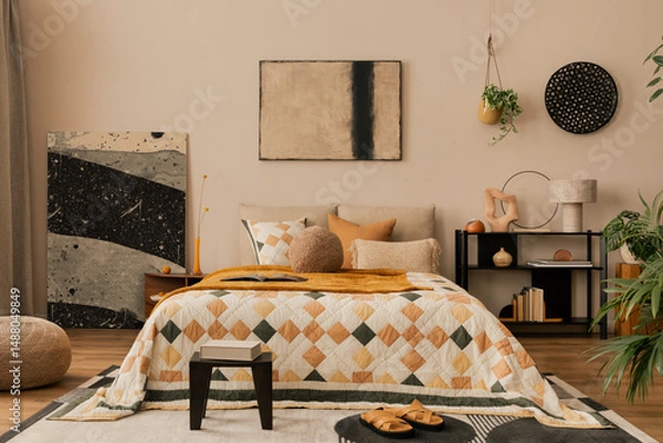 Obraz Interior design of bedroom interior with mock up poster frame, bed, orange bedding, wooden stool, black rack, pouf, plants, stylish lamp, sculpture and personal accessories. Home decor. Template.
