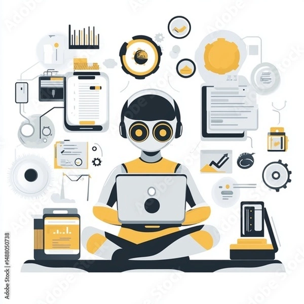 Fototapeta Modern Robot Working on Laptop Digital Technology AI web data flat gray style white smart future    