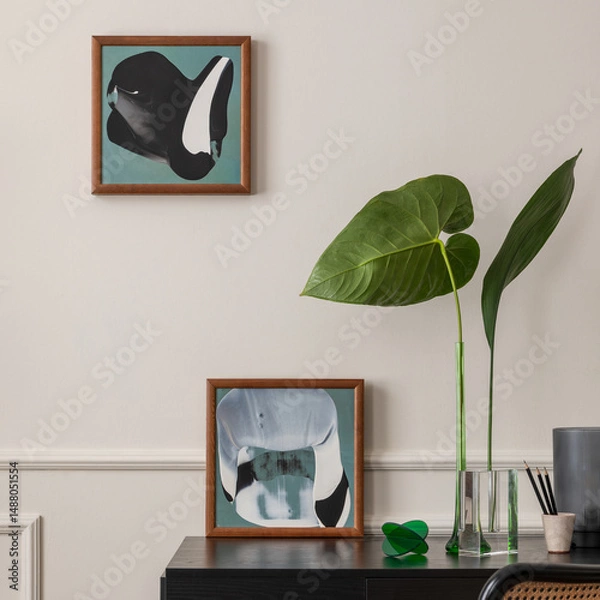 Obraz Modern composition of workplace interior with mock up poster frame, black desk, rattan chair, stylish vase with leaves, colorful sculpture, stucco on wall and personal accessories. Home decor Template