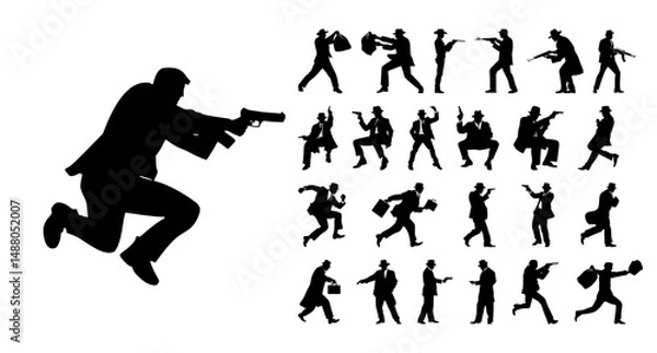 Fototapeta Gangster man silhouette set with guns, running, briefcase, and vintage mafia action poses