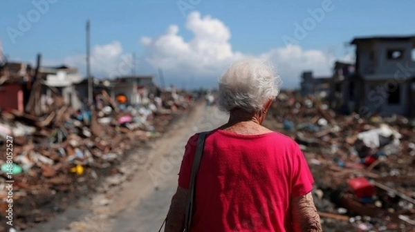 Obraz Senior woman in red looking at destroyed buildings after natural disaster. Earthquake or hurricane aftermath scene with ruins and debris. Environmental damage and destruction concept