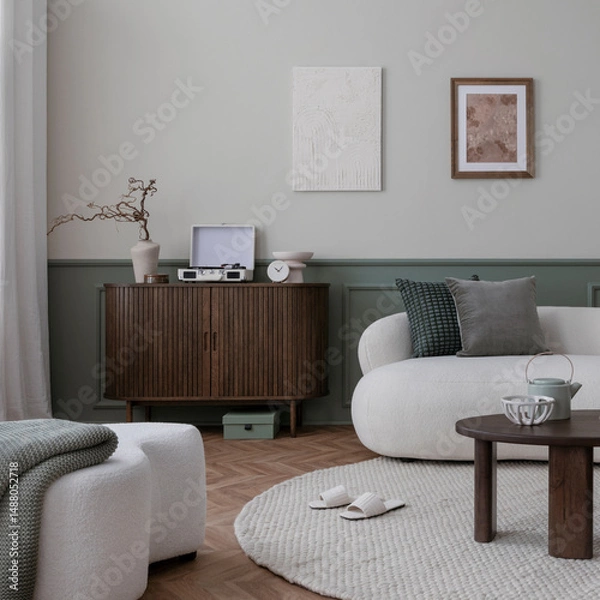 Obraz Warm and cozy living room interior with mock up poster frame, boucle sofa, wooden sideboard, coffee table, stylish lamp, gramophone, vase with leaves and personal accessories. Home decor. Template.