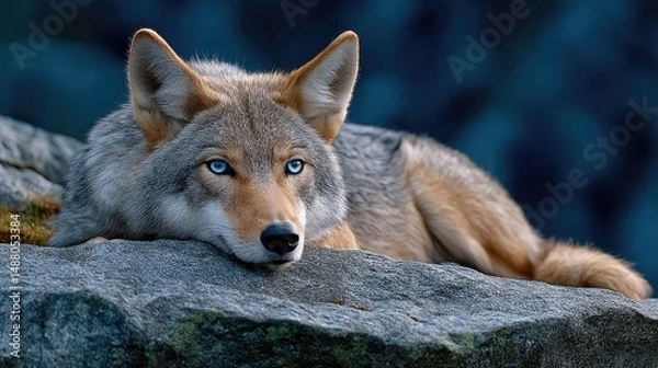 Obraz Peaceful wolf resting on rocks