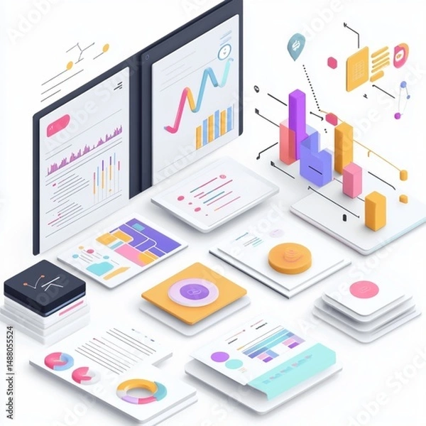 Fototapeta Isometric Colorful Business Data Charts Graphs Infographic Presentation app icon report growth      