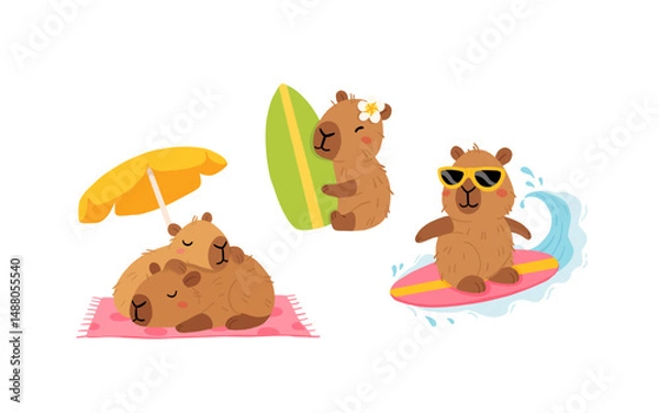 Fototapeta Set of cute summer capybaras in various poses and items. Hand drawn cartoon flat style. Vacation seasonal template for design, kids collection