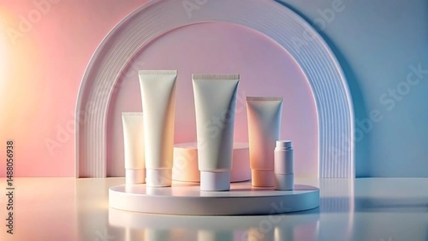 Fototapeta Product display with floating elements and glowing accents