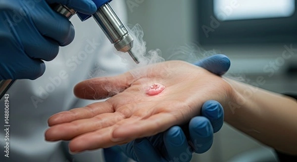 Obraz Cryotherapy treatment of a wart on a hand using liquid nitrogen spray
