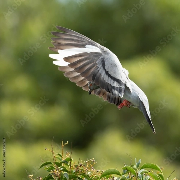 Obraz Pigeon in Flight Over Green Foliage