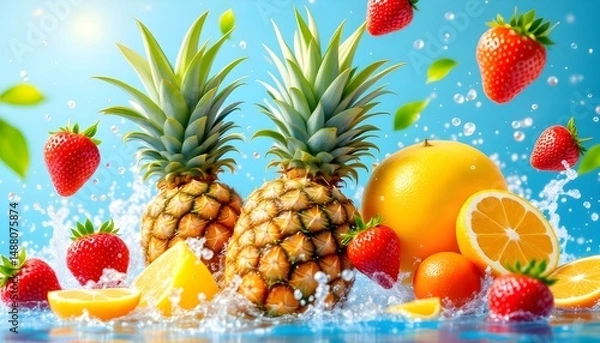 Fototapeta A vibrant display of fresh pineapples, strawberries and citrus fruits with water splashes 
