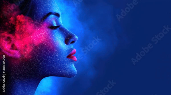 Fototapeta Digital portrait of woman with futuristic design, featuring vibrant colors and abstract elements, evokes sense of beauty and technology