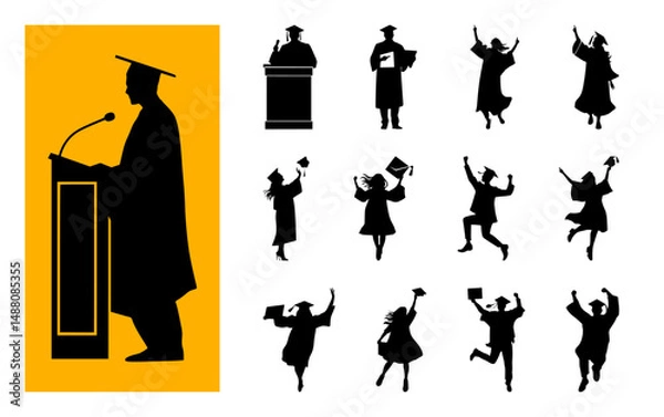 Fototapeta Graduation silhouette vector collection | Students celebrating, cap throwing, podium speech poses
