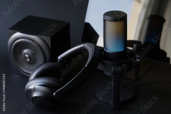 Fototapeta A high-contrast shot of black over-ear headphones and an LED-lit condenser microphone beside a speaker and tablet reflection on a dark desk, ideal for podcast and streaming promotion. Photo