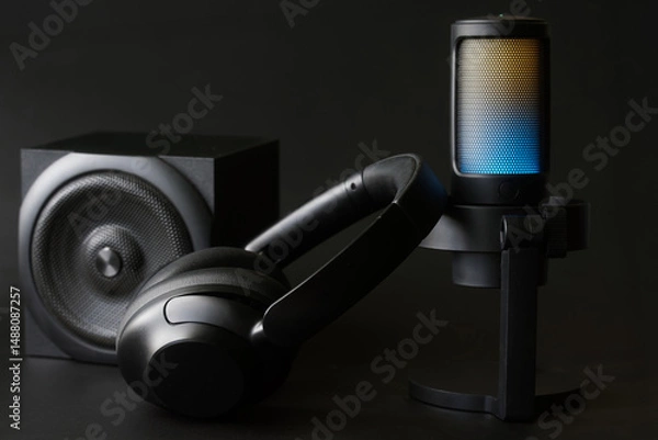 Fototapeta A close-up of a modern condenser microphone with LED backlighting, over-ear headphones and speaker on a dark surface, perfect for showcasing podcast recording and live streaming setups. Photo