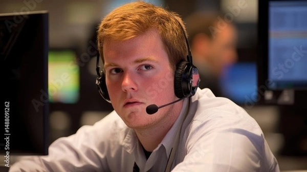 Obraz Focused Young Man in Headset at Work