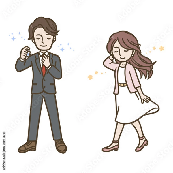 Fototapeta 香水や柔軟剤などの香りをまとう男女のイラスト（ビジネススーツとワンピース）
