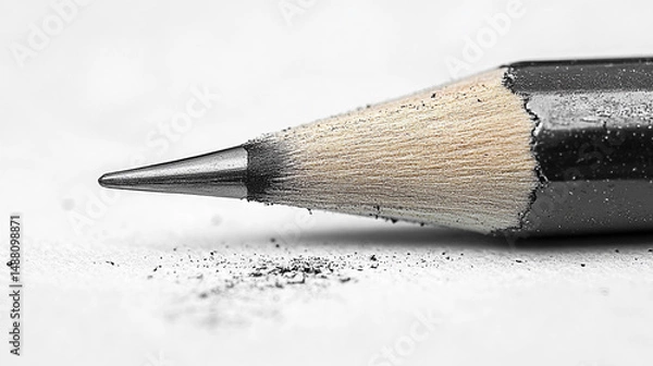 Fototapeta Sharpened pencil tip with graphite dust on white paper