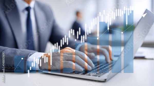 Fototapeta Businessman using laptop with financial stock trading chart.