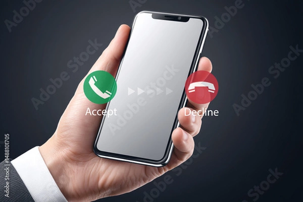 Fototapeta Hand holding smartphone with incoming call screen showing accept or decline.