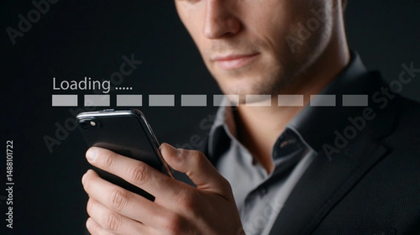 Fototapeta Man holding smartphone with loading progress bar, technology concept.