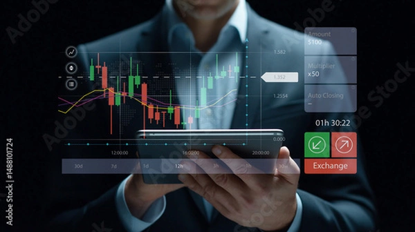 Fototapeta Businessman trading on tablet with stock chart and digital financial data