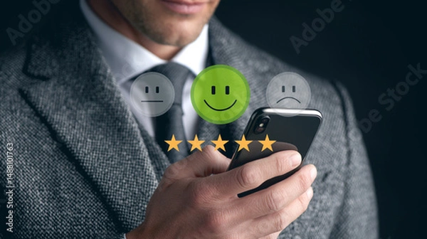 Fototapeta Man giving five-star customer service feedback on smartphone with smiley icons.