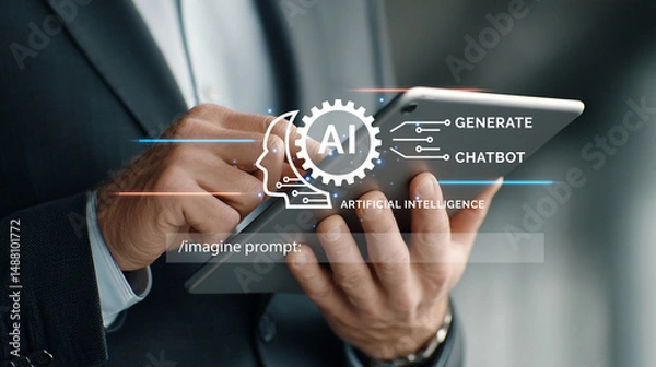 Fototapeta Businessman using tablet to generate AI chatbot with futuristic interface.