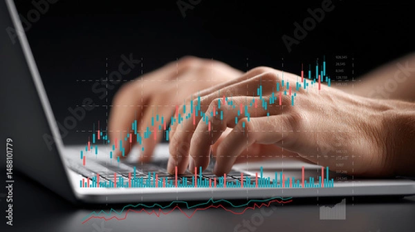 Fototapeta Businessman using laptop with financial stock trading chart.