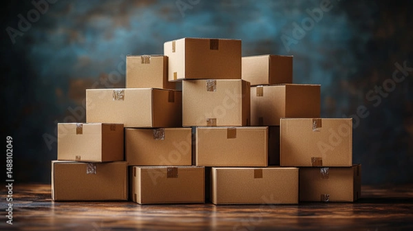 Fototapeta Stacked cardboard boxes on wood floor, textured backdrop