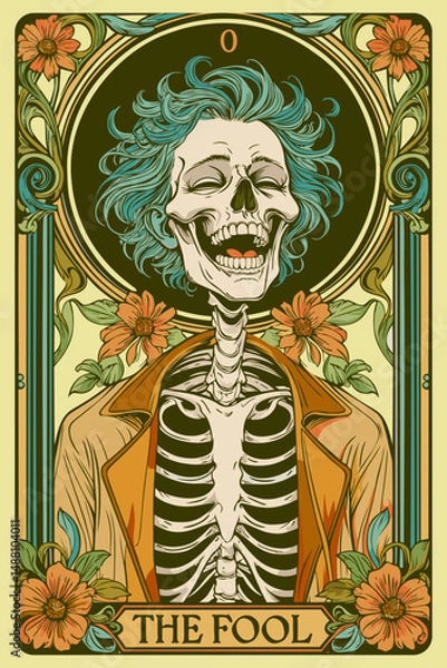 Obraz The fool. Tarot card in art nouveau style. Skeleton laughing. Vector illustration
