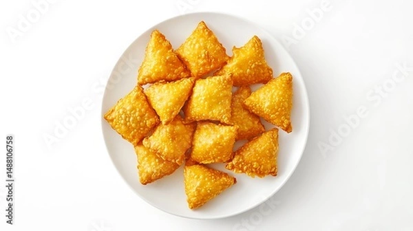 Fototapeta Plate of Crispy Golden Fried Samosas Arranged on White Background Viewed from Above
