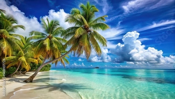 Fototapeta Palm trees sway gently in the ocean breeze amidst a turquoise lagoon and a bright blue sky with fluffy white clouds