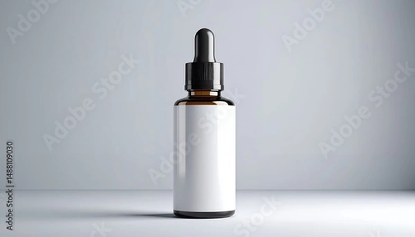 Fototapeta Studio shot of a brown dropper bottle with a black dropper and a blank white label for product branding and cosmetic product mockups.