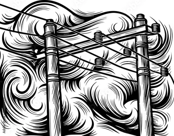 Fototapeta SVG showing natural disasters impacting power infrastructure and energy supply. Abstract Black and White Illustration of Electric Poles and Wind