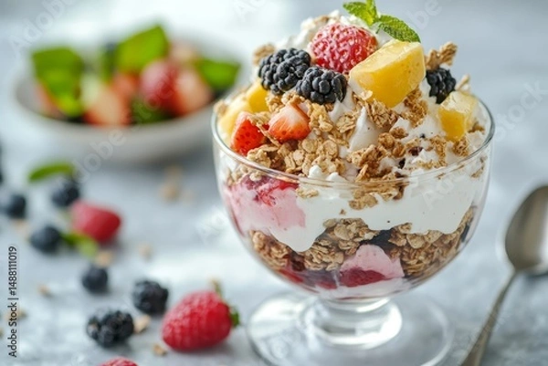 Fototapeta A glass dessert bowl filled with yogurt granola and mixed berries on a gray surface close up view