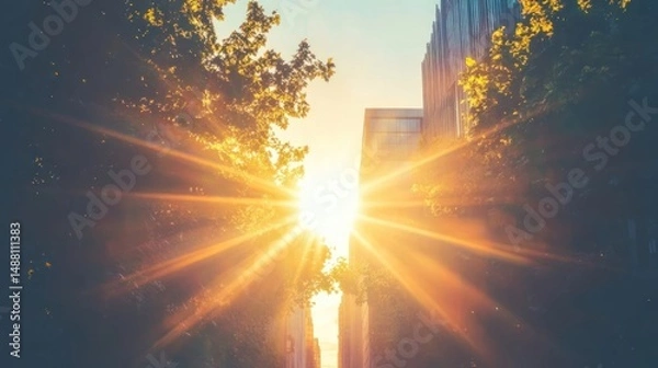 Obraz Golden Hour Cityscape: Sunbeams Through Urban Trees