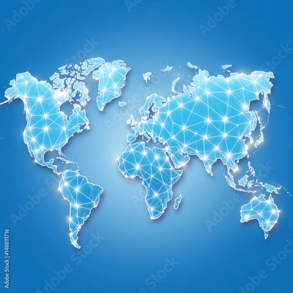 Fototapeta modern digital world map with glowing connections, representing global communication and technology