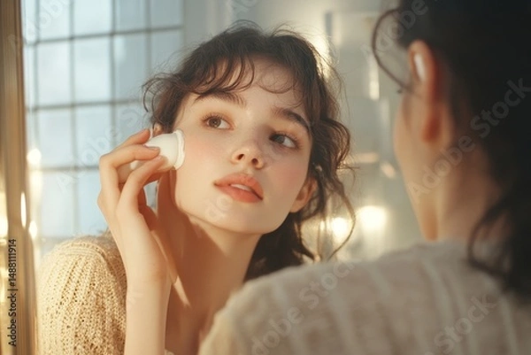 Fototapeta Woman applying makeup using a cotton pad in front of a mirror in a brightly lit room setting