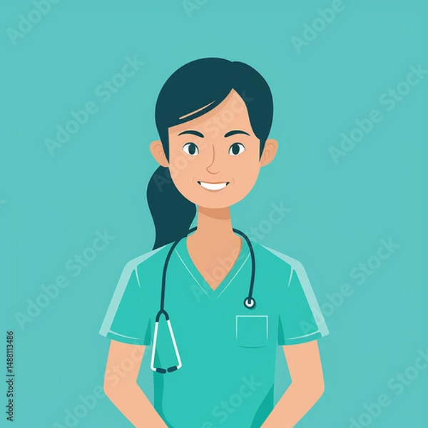 Obraz Smiling Female Nurse in Medical Scrubs – Flat Vector Illustration

